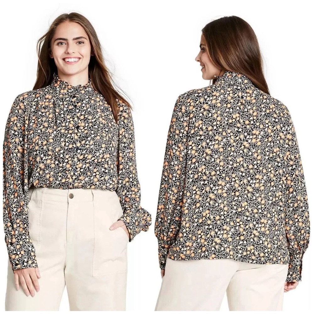 Nili Lotan Floral Print Long Sleeve Pleated Blouse Black Yellow 2X